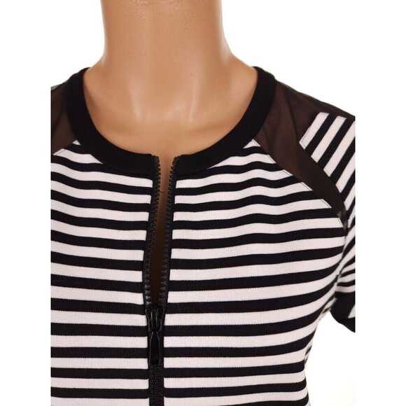 Lafayette 148 Short Sleeve Striped Zip Front Top Size Small Black White $298US - Picture 2 of 8